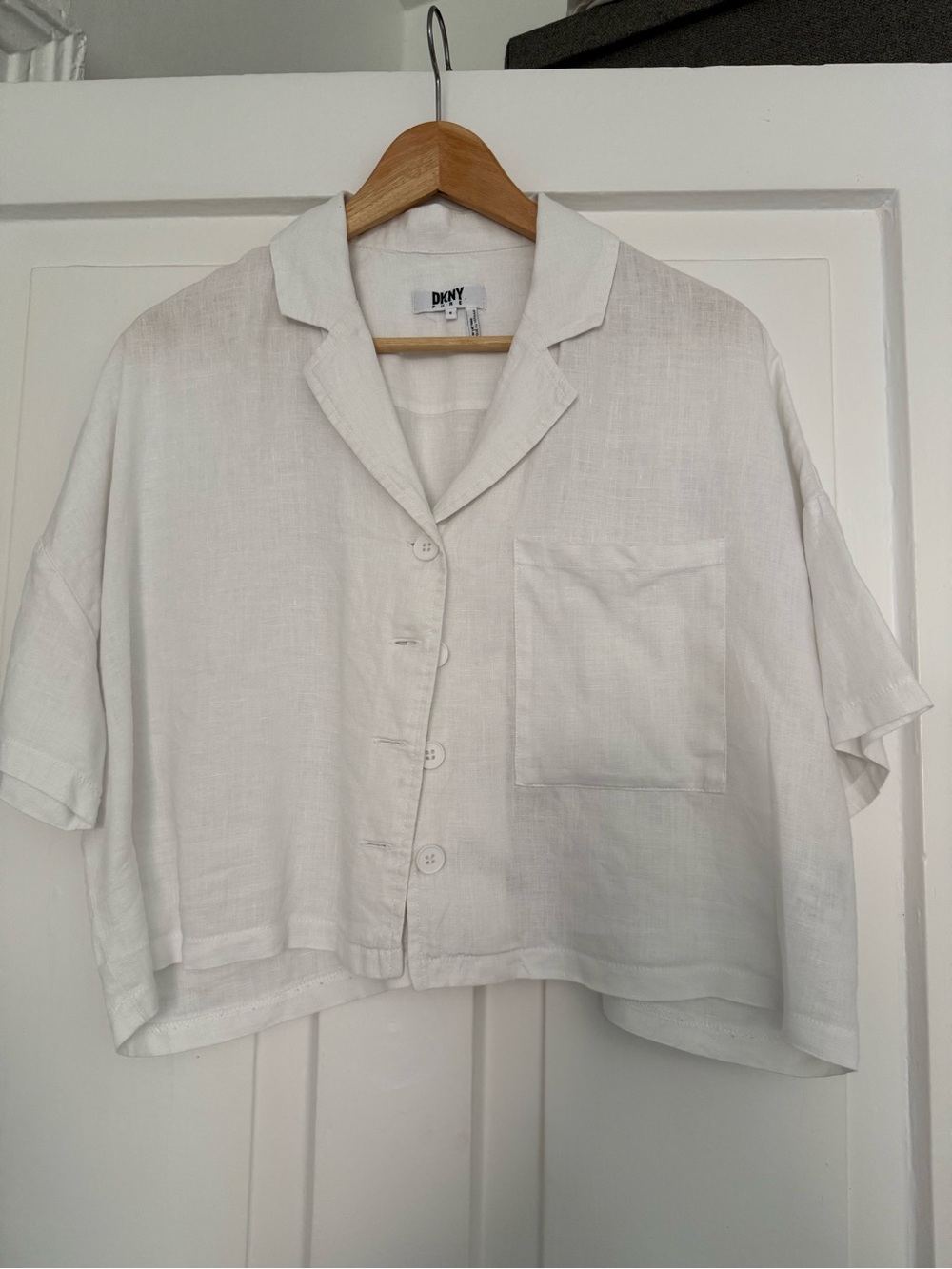 DKNY White Linen Boxy Button-Front Short Sleeve Shirt